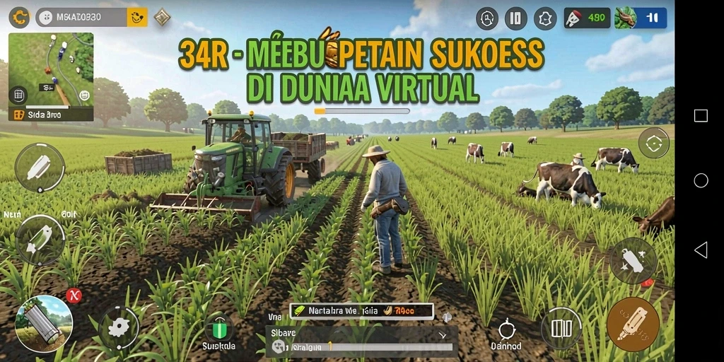 Tangkapan layar gameplay 34R, menampilkan ladang yang subur dan karakter yang aktif.