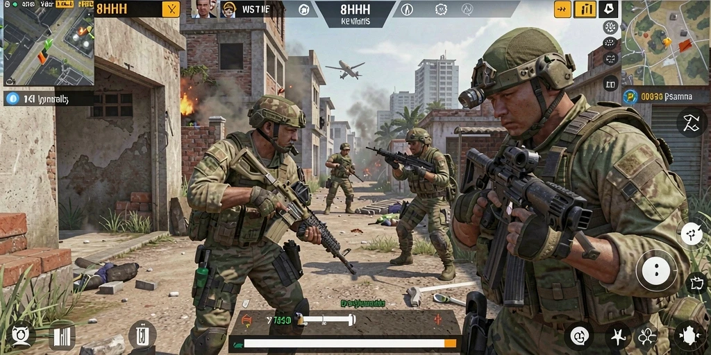 Tangkapan layar gameplay 8HHH dengan aksi menembak mendebarkan.