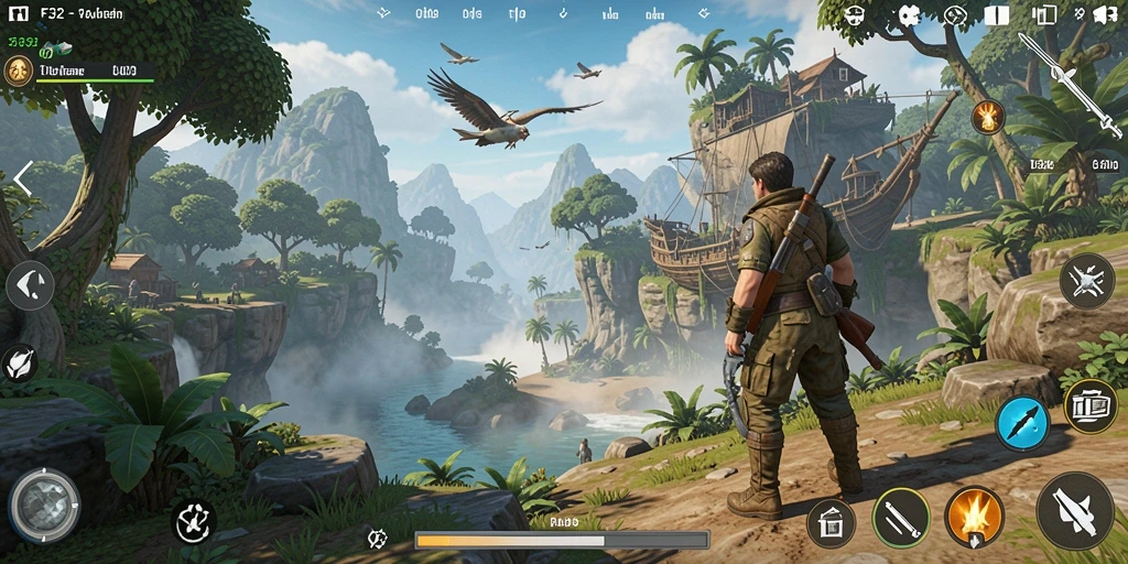 Tangkapan layar gameplay F32 yang menampilkan keindahan dunia terbuka.