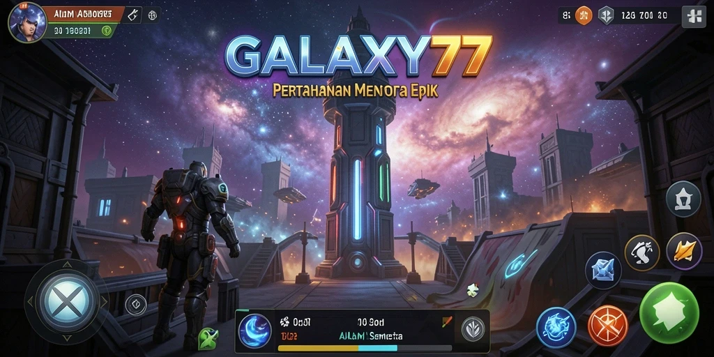 Screenshot gameplay GALAXY77 menampilkan aksi Tower Defense yang mendebarkan.