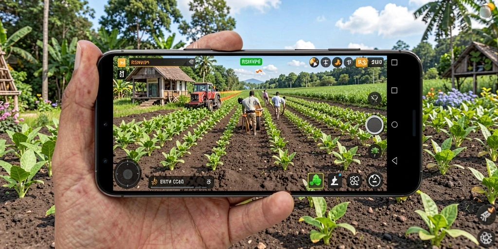 Tangkapan layar utama RSNVIP6 menunjukkan aksi seru bertani di ladang hijau.