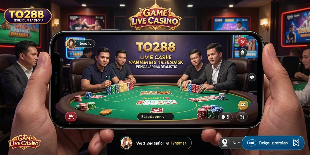 Screenshot permainan TO288 menunjukkan dealer langsung dan suasana kasino yang hidup.